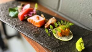 close up of variety of sashimi on black plate at Kabooki Sushi in Orlando, Florida, USA